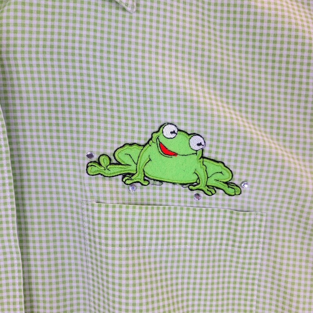 Las Olas Shirt Womens M Green Gingham Embroidered Frog Button Up Short Sleeve - Picture 3 of 12